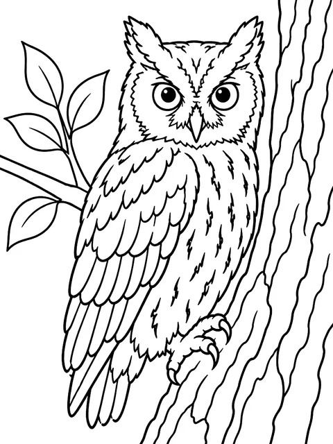 Screech owl against tree bark coloring page