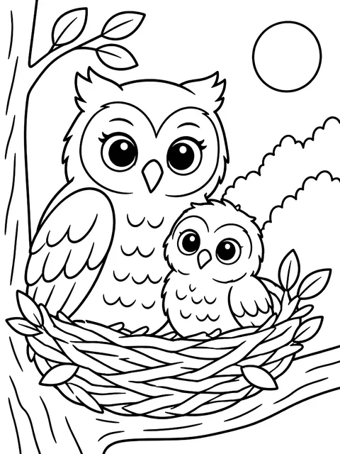 Mother owl and owlet in a nest coloring page