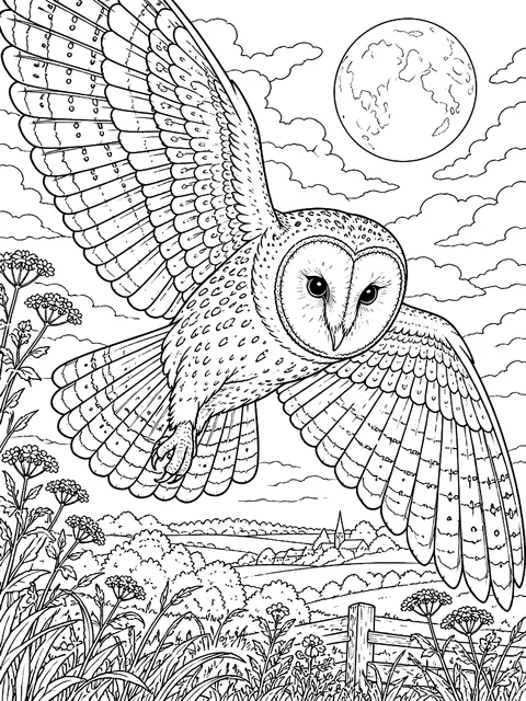 Detailed Realistic barn owl in flight coloring page