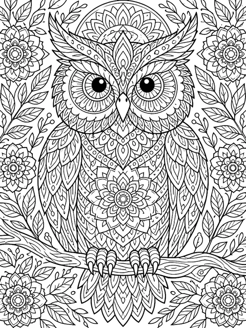 Detailed Owl with mandala-style patterns coloring page