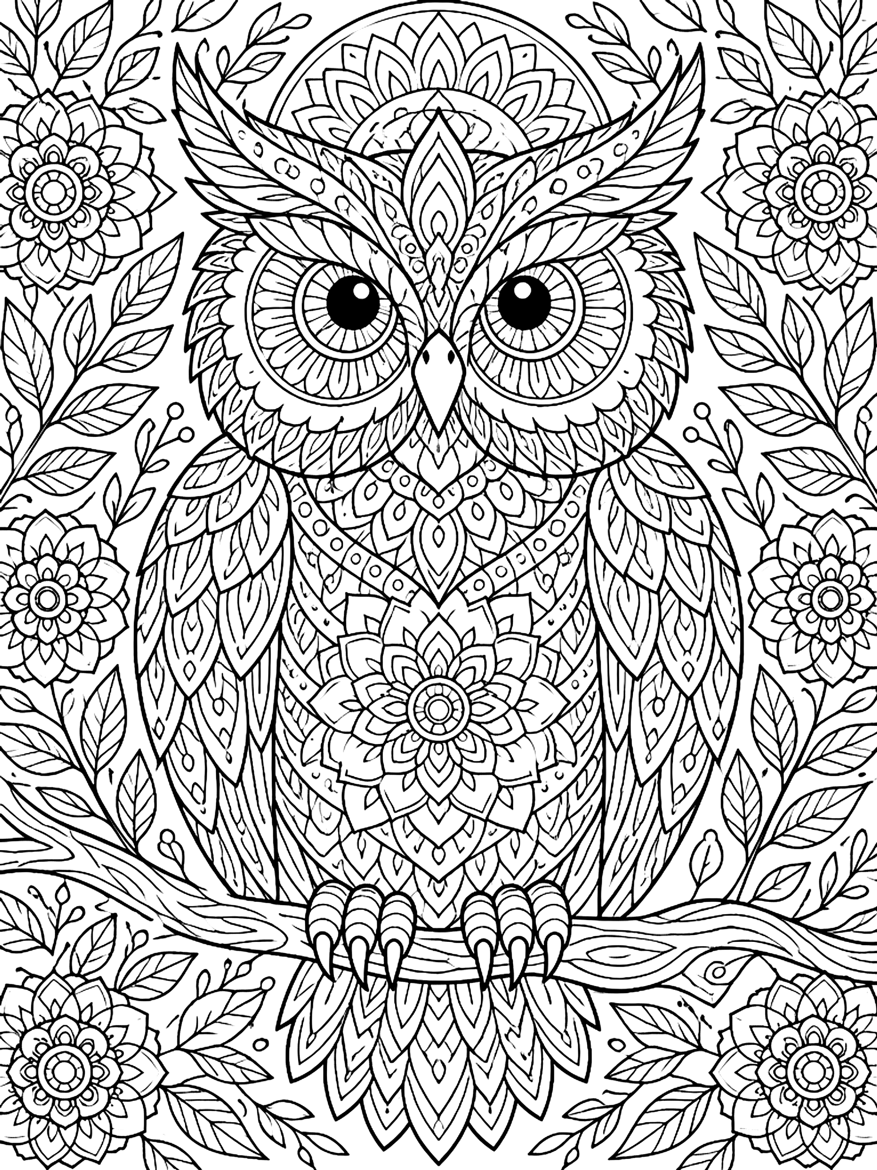 Detailed Owl with mandala-style patterns coloring page