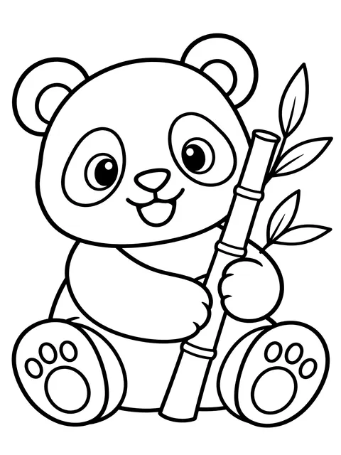 Easy Panda sitting with a bamboo stalk coloring page