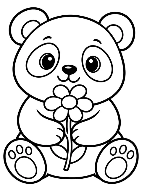 Easy Panda holding a flower coloring page
