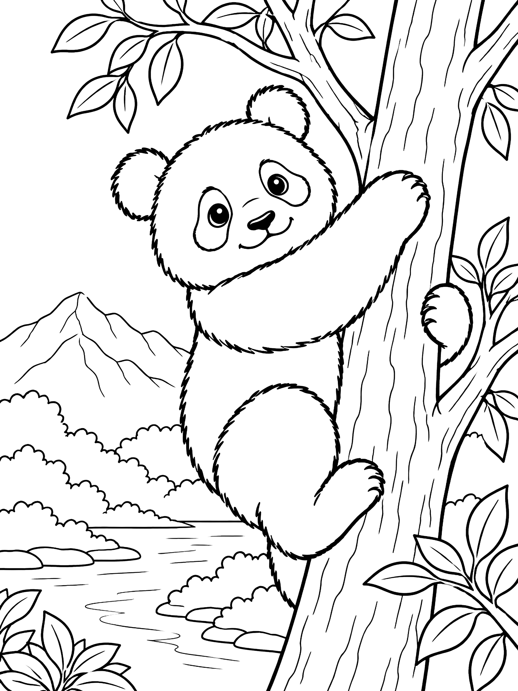 Panda climbing a tree coloring page