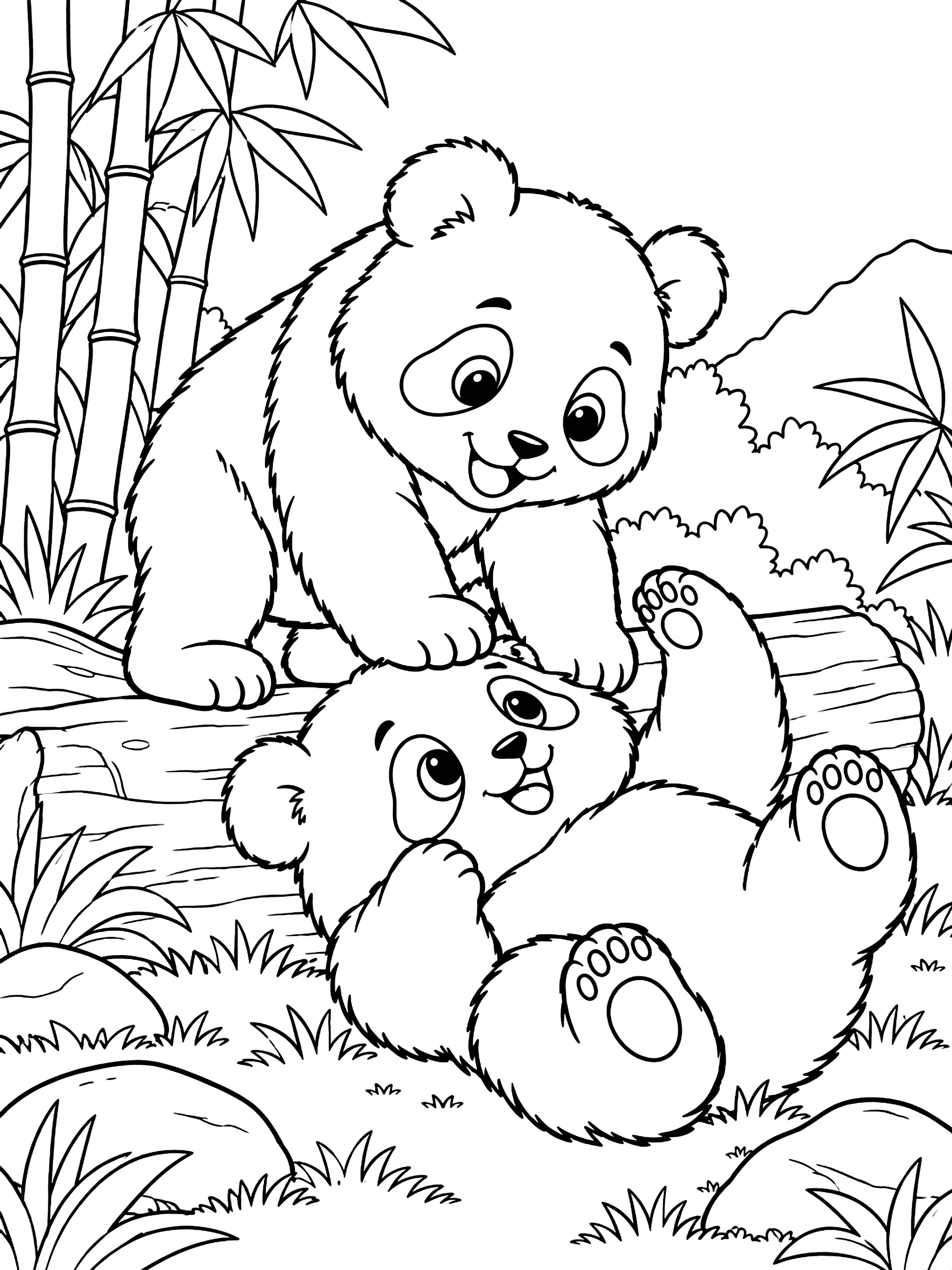 Two pandas playing coloring page
