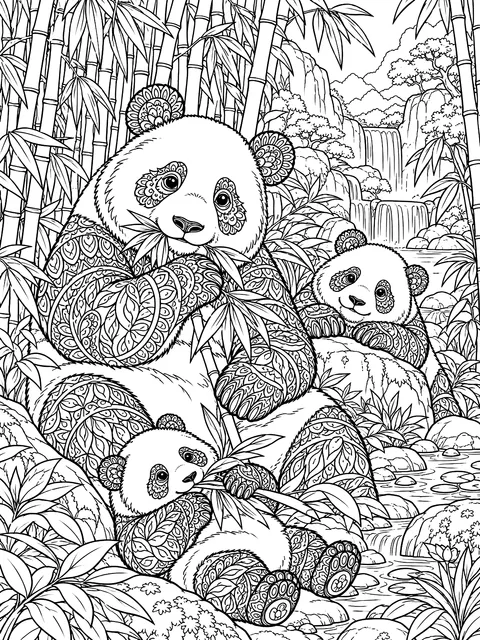 Detailed Pandas in a bamboo forest coloring page