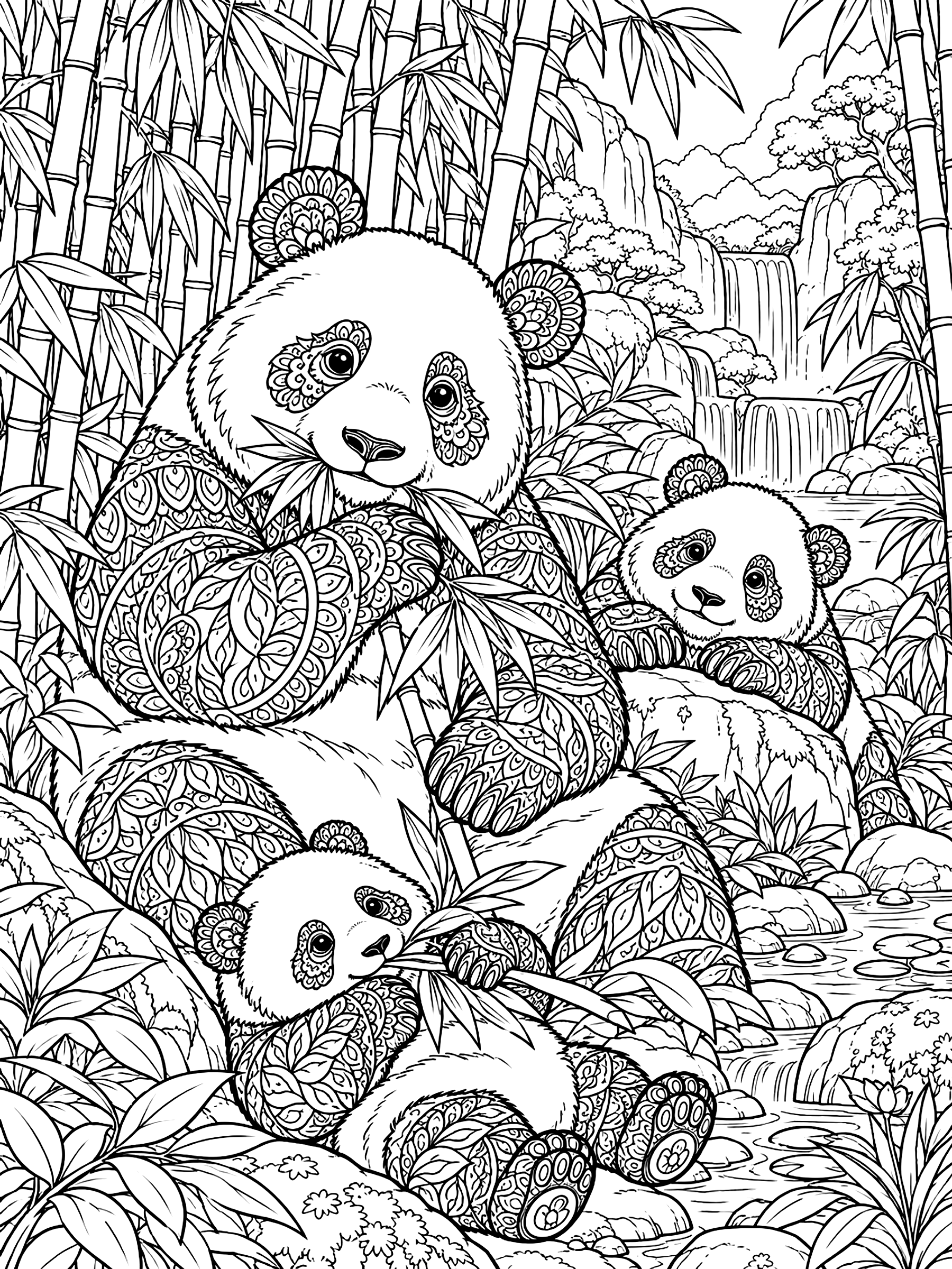 Detailed Pandas in a bamboo forest coloring page