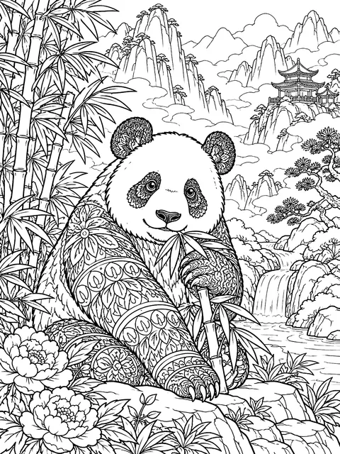 Detailed Panda in misty mountains coloring page