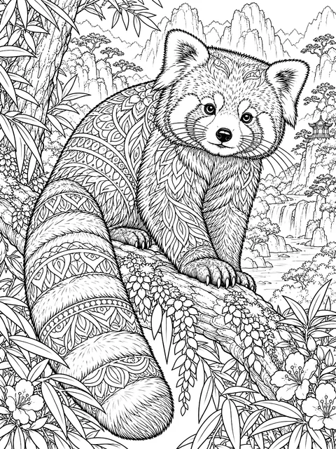 Detailed Realistic red panda coloring page