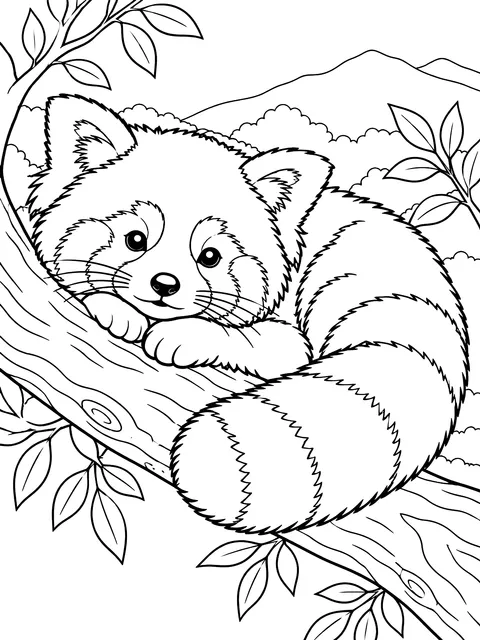 Red panda curled on a branch coloring page