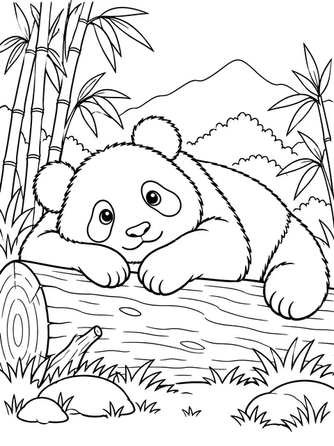 Panda resting on a log coloring page