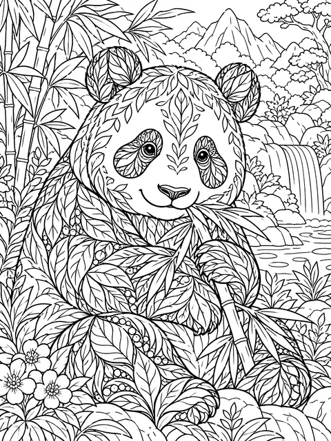 Detailed Panda filled with leaf patterns coloring page