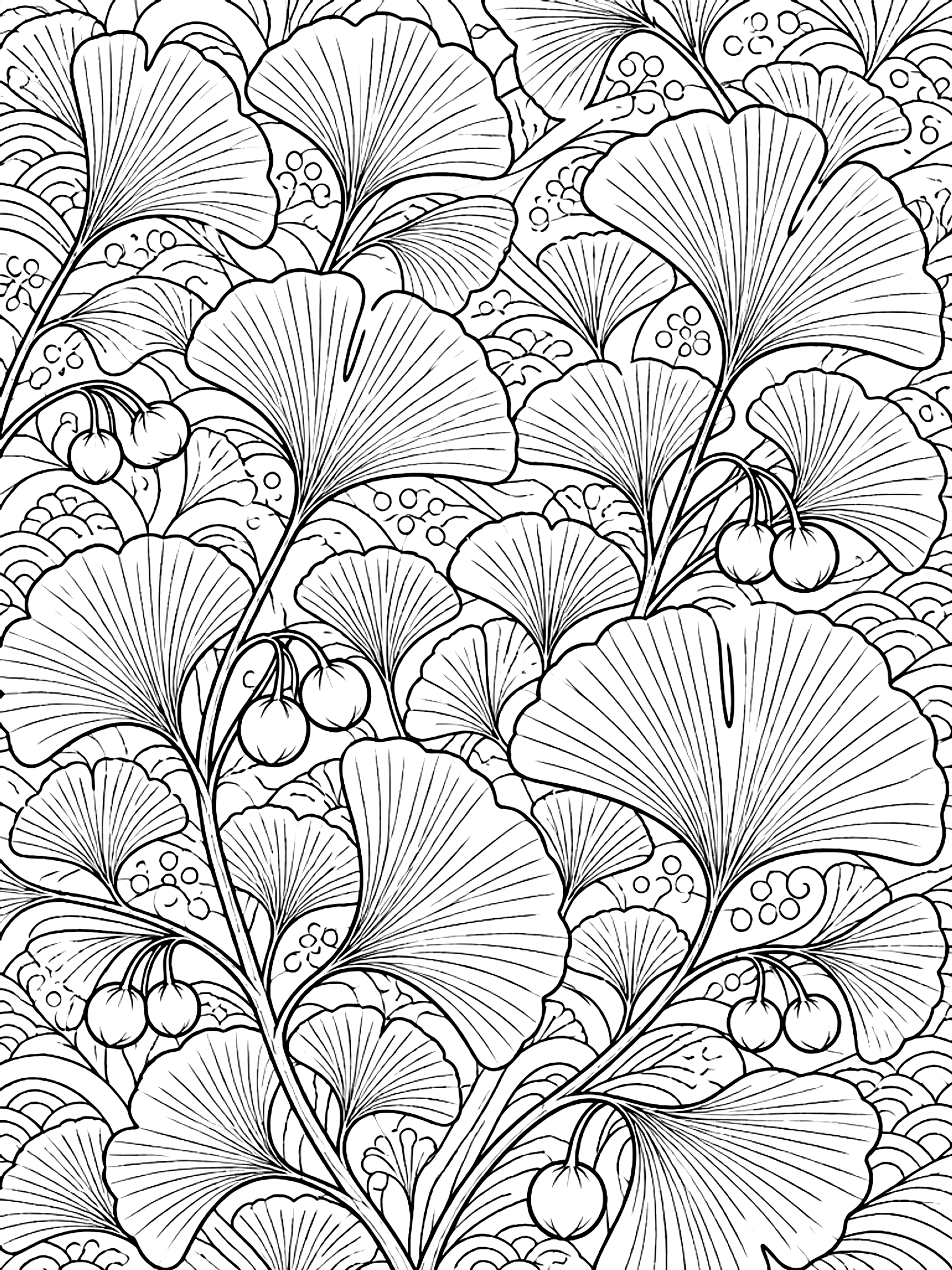 Detailed Field of ginkgo leaves coloring page
