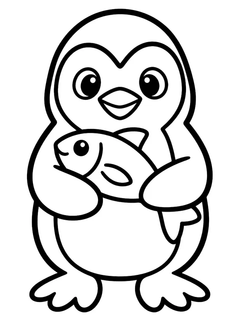 Easy Penguin holding a fish coloring page