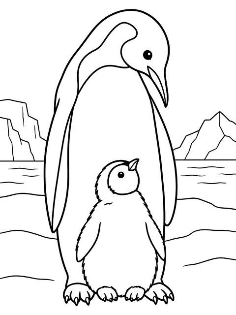 Emperor penguin with a chick on its feet coloring page