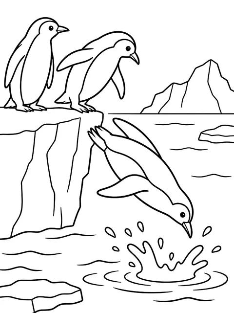 Penguins diving off the ice coloring page