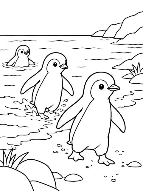 Little penguins coming ashore coloring page