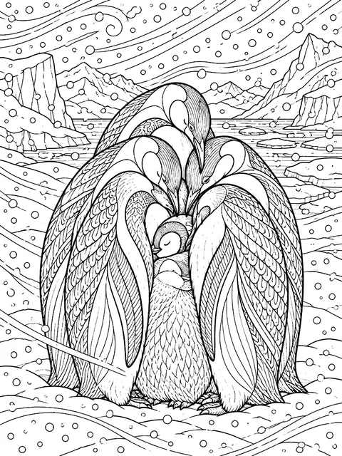 Detailed Emperor penguins huddling in a snowstorm coloring page
