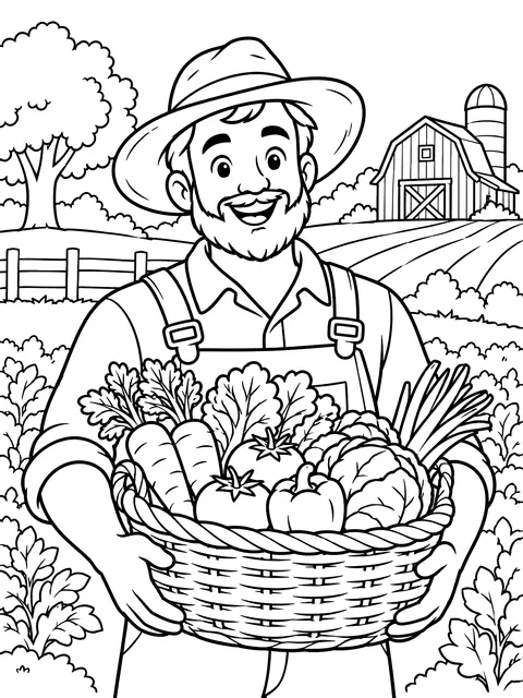 Farmer with a basket of vegetables coloring page