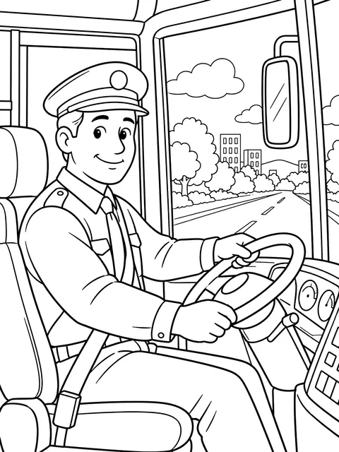 Bus driver at the wheel coloring page