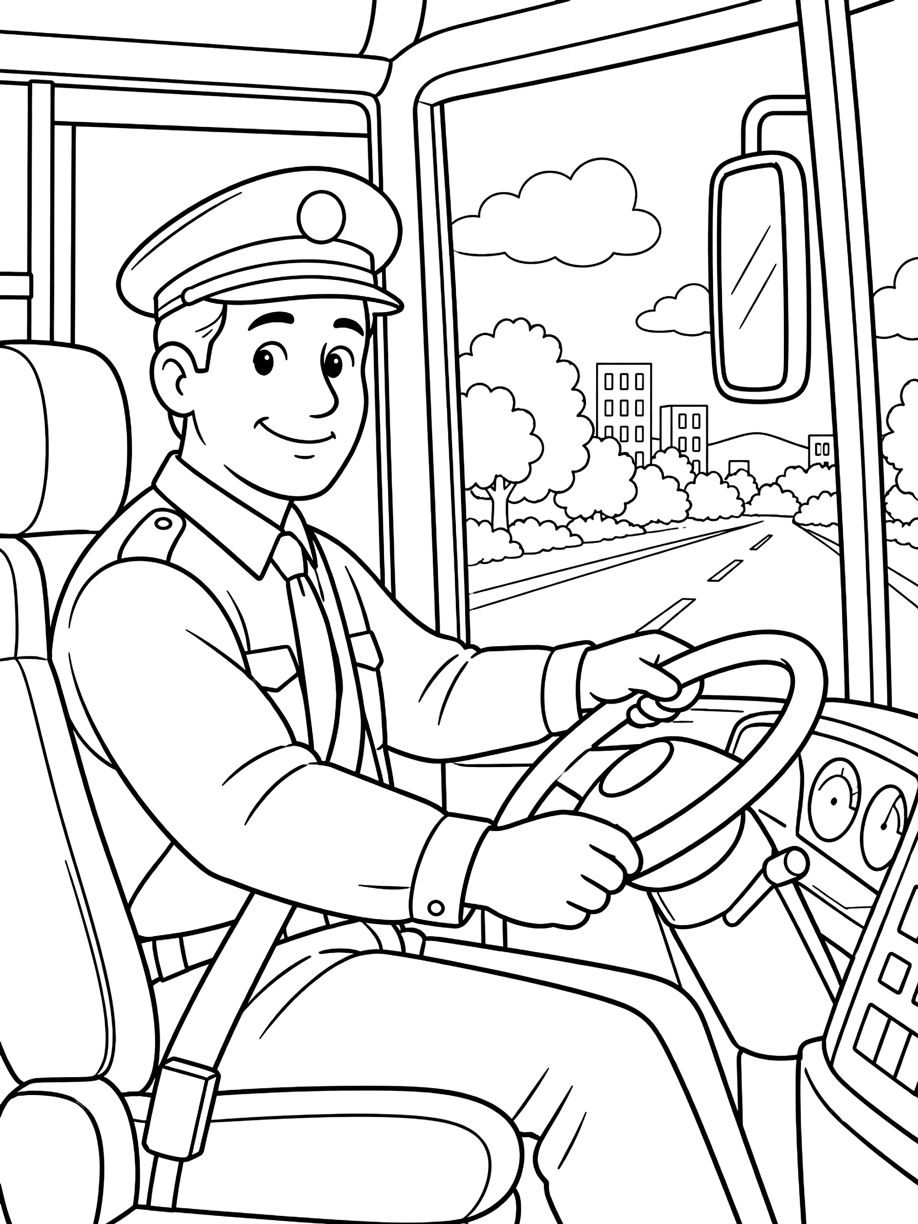 Bus driver at the wheel coloring page