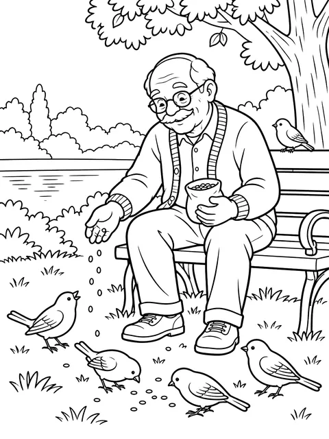 Grandfather feeding birds coloring page