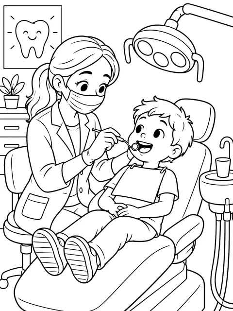 Dentist with a young patient coloring page