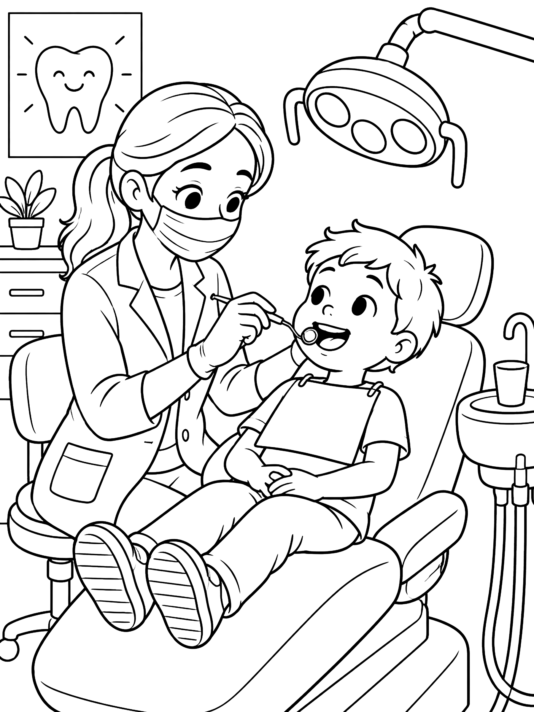 Dentist with a young patient coloring page