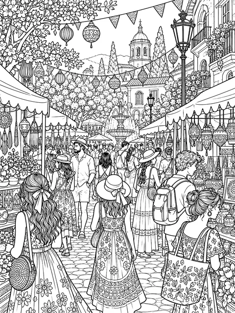 Detailed Street fair crowd coloring page