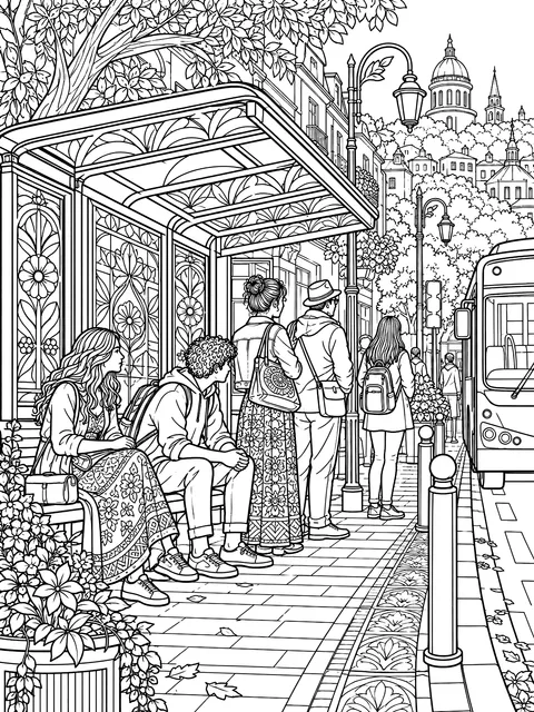 Detailed People waiting at a bus stop coloring page