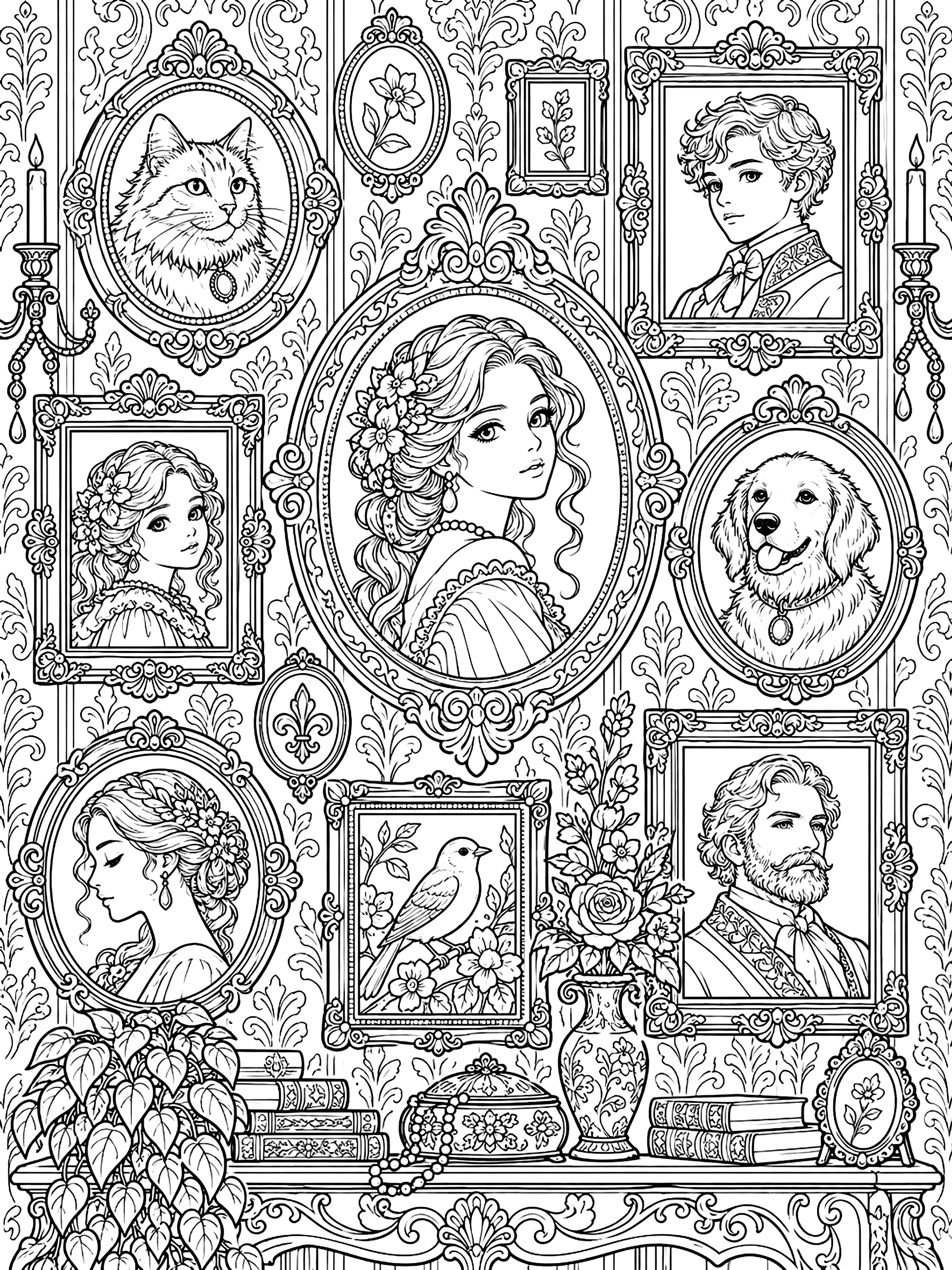 Detailed Wall of framed portraits coloring page