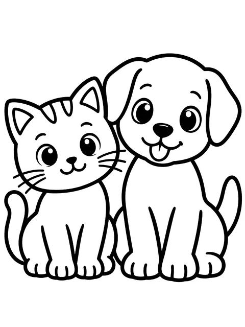 Easy Kitten and puppy sitting side by side coloring page