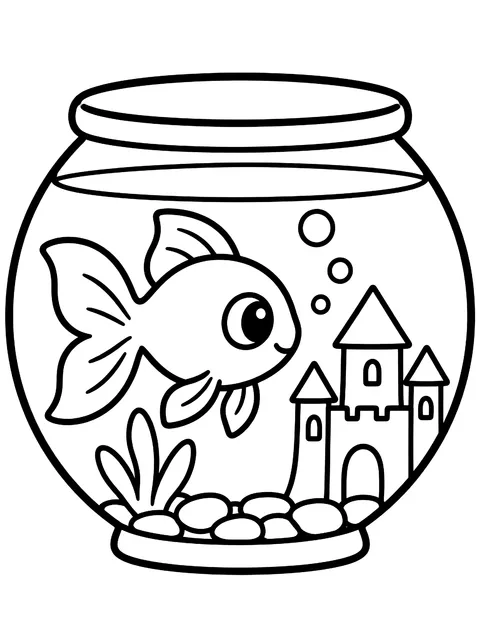 Easy Pet goldfish with a castle in its bowl coloring page
