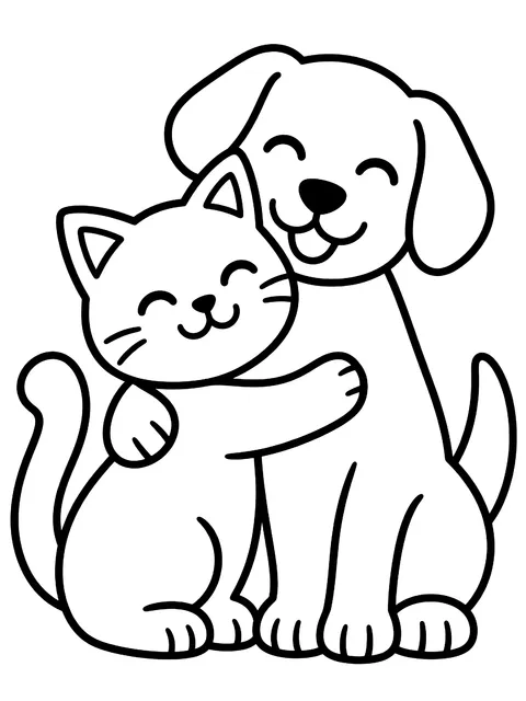 Easy Cat and dog hugging coloring page