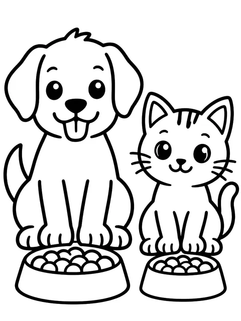 Easy Dog and cat with their food bowls coloring page