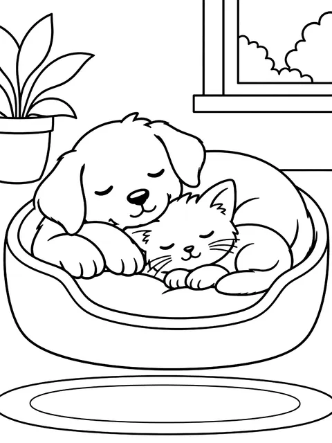Puppy and kitten napping in one bed coloring page
