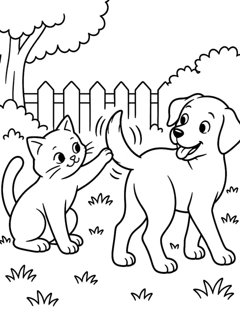Cat swatting a dog's wagging tail coloring page