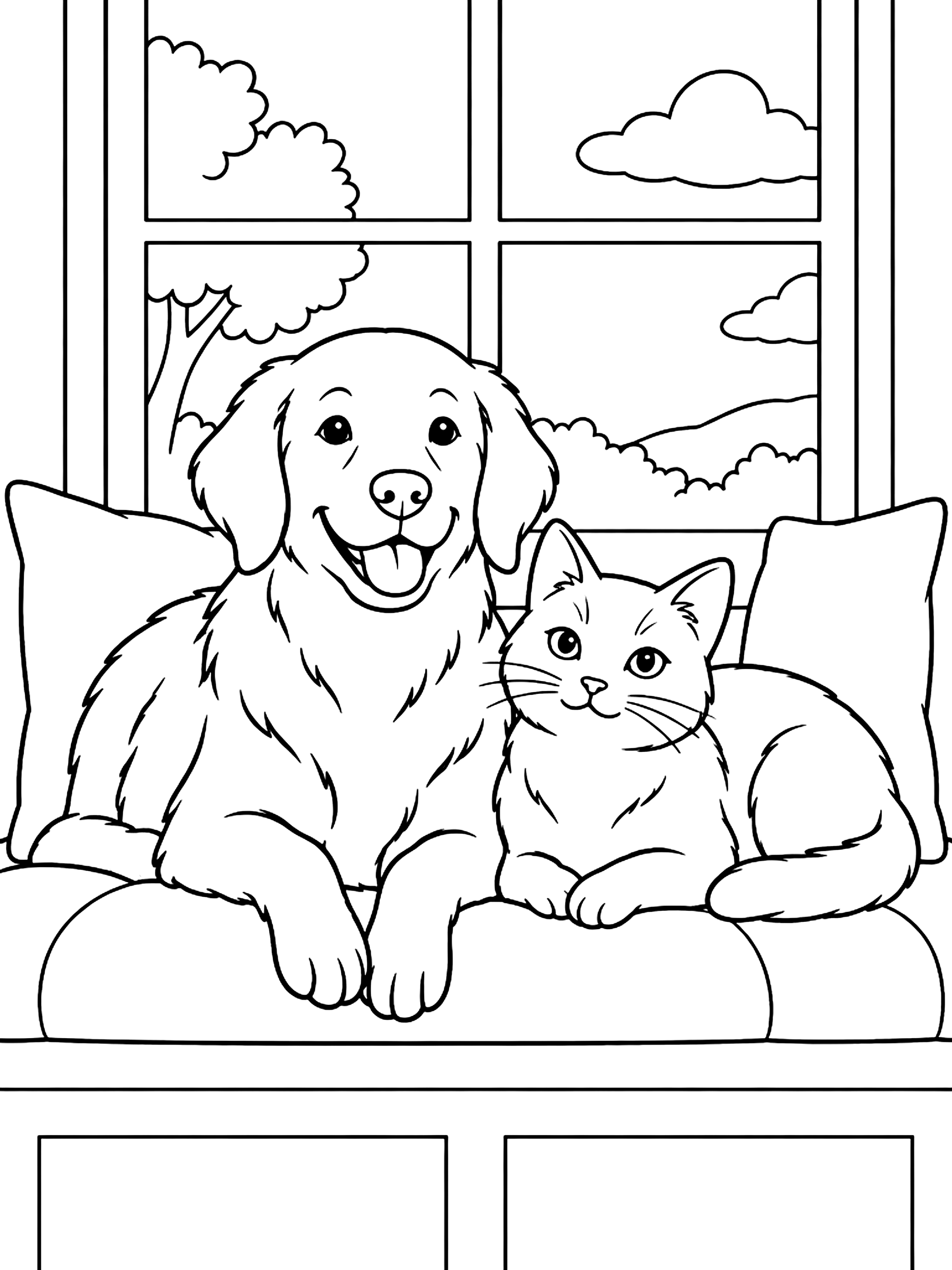 Dog and cat on a window seat coloring page
