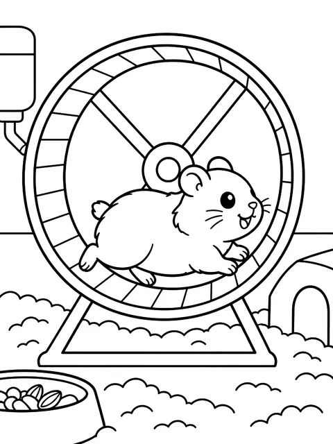 Hamster running in a wheel coloring page