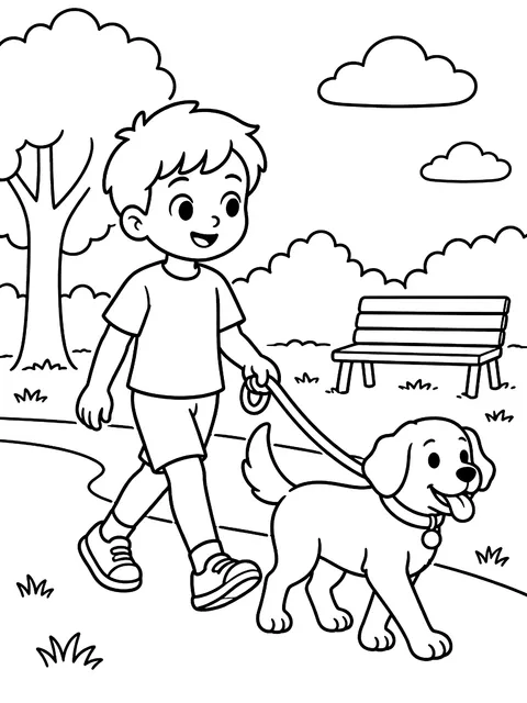 Kid walking a dog in the park coloring page