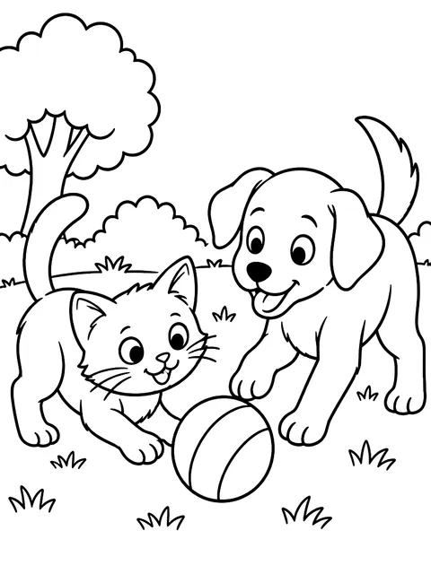 Cat and dog playing with a ball coloring page