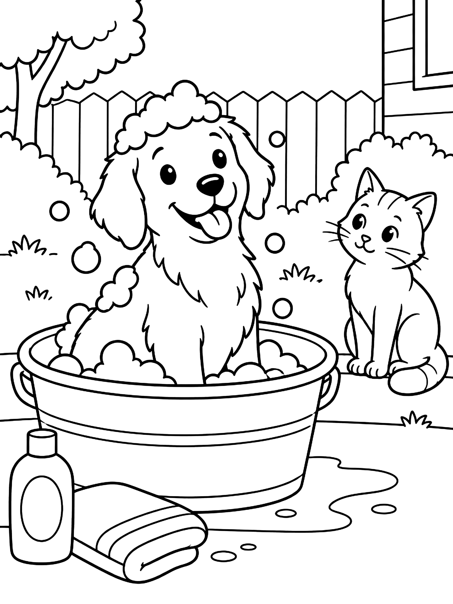 Dog getting a bath while a cat watches coloring page
