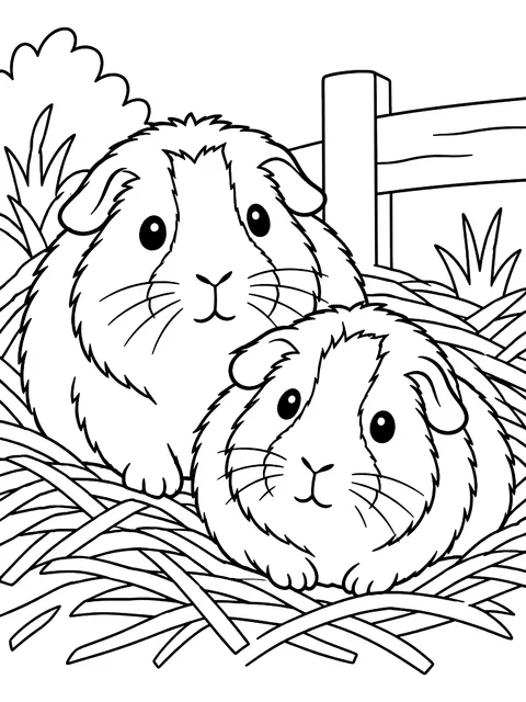 Two guinea pigs in hay coloring page