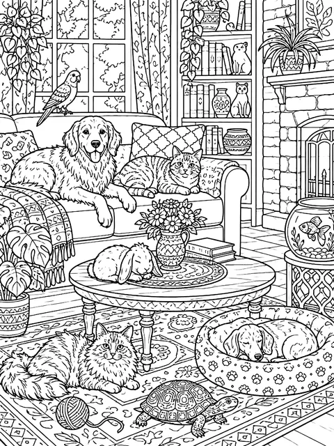 Detailed Living room full of pets coloring page