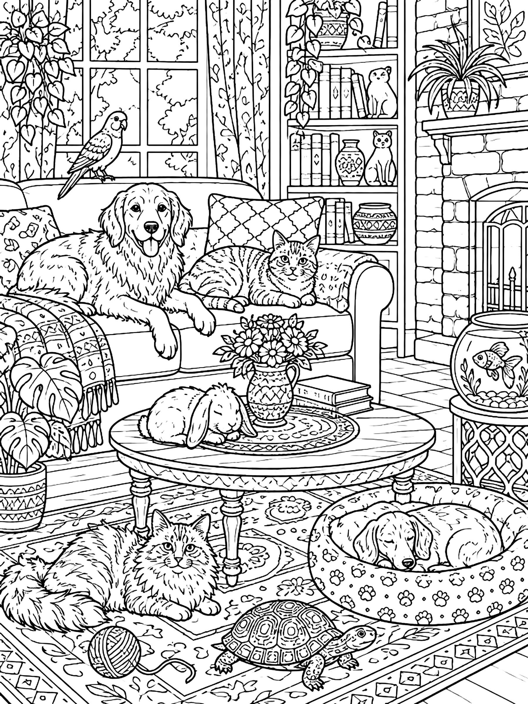 Detailed Living room full of pets coloring page