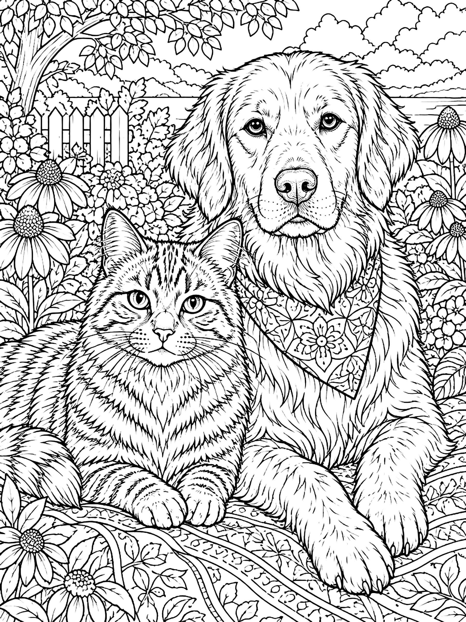 Detailed Realistic cat and dog together coloring page