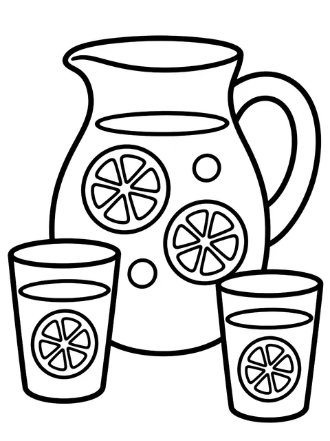 Easy Pitcher of lemonade and cups coloring page