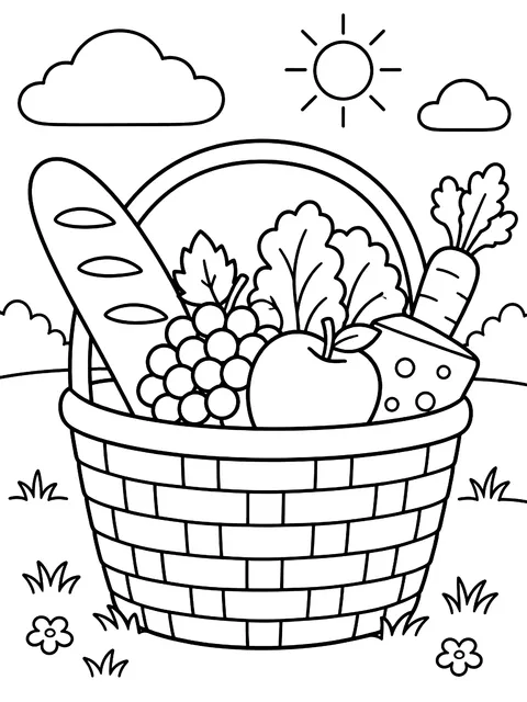 Basket with food peeking out coloring page