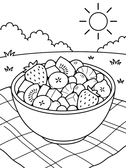 Bowl of fruit salad on a blanket coloring page