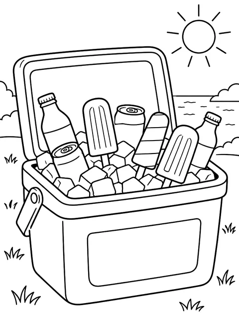 Cooler with drinks and ice pops coloring page